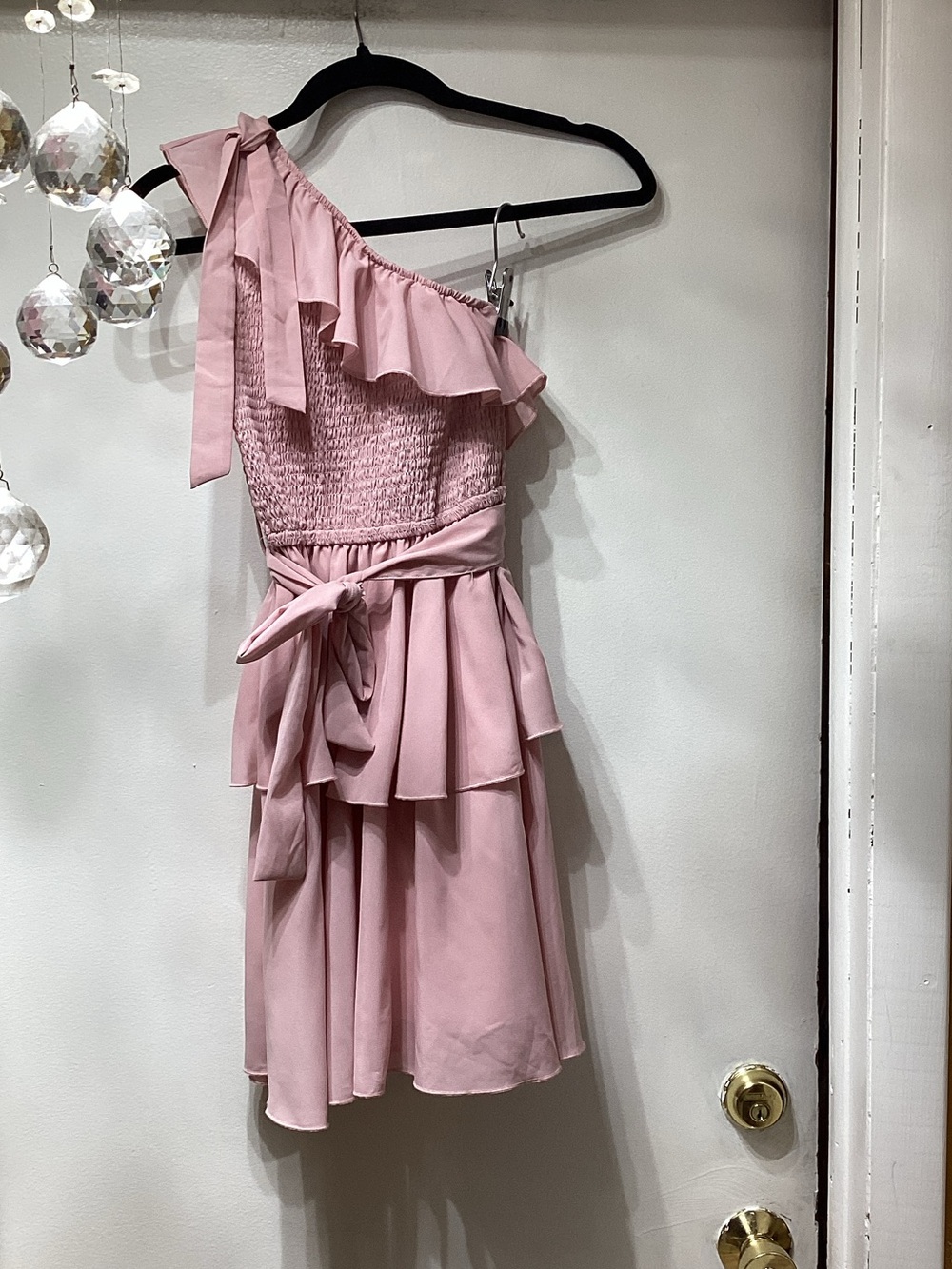 Girls One-Shoulder Ruffle Tiered Dress in Dusty Pink with Waist Tie